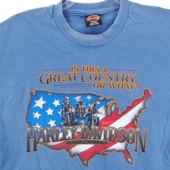 Vtg Harley Davidson Blue T-Shirt Single Stitch Men XL USA Flag Burt’s Cycle Cntr - Picture 1 of 16